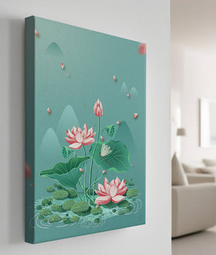 Illustration sereine de fleurs de lotus dans un étang paisible avec des montagnes