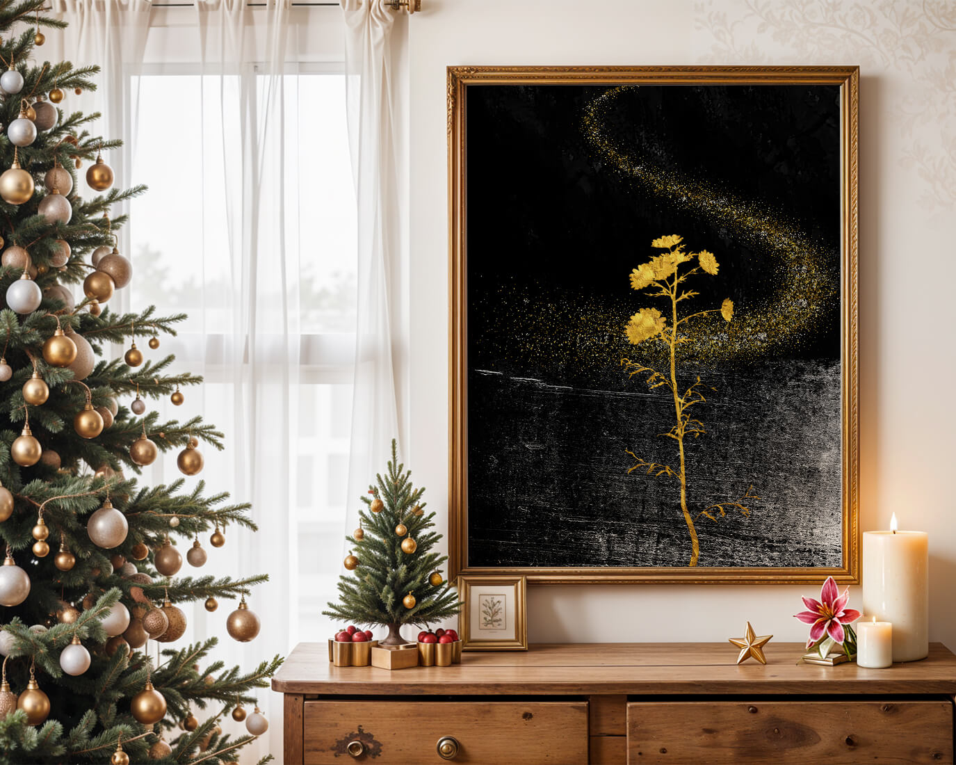 Golden Flowers on Black Background with Sparkling Dust