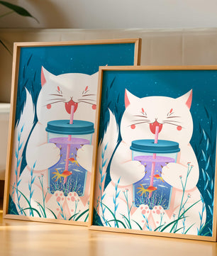 Playful cat with a fish tank tumbler in the underwater scene illustration