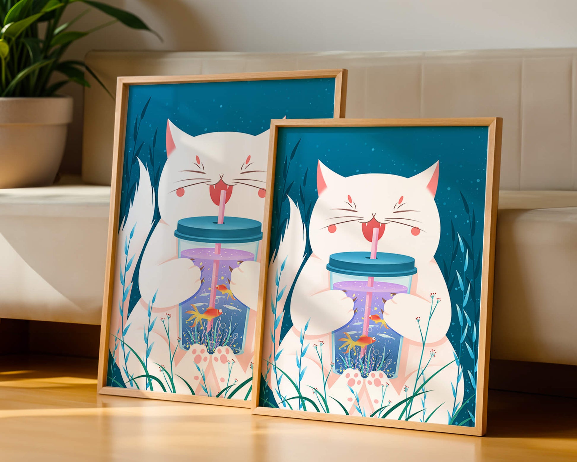 Playful cat with a fish tank tumbler in the underwater scene illustration