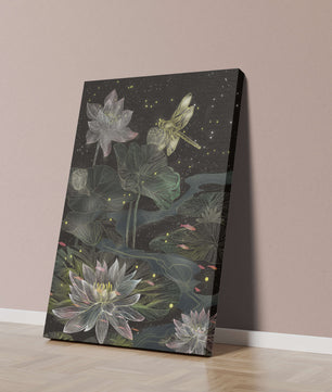 Lotus Flowers and Dragonfly in Nighttime Pond