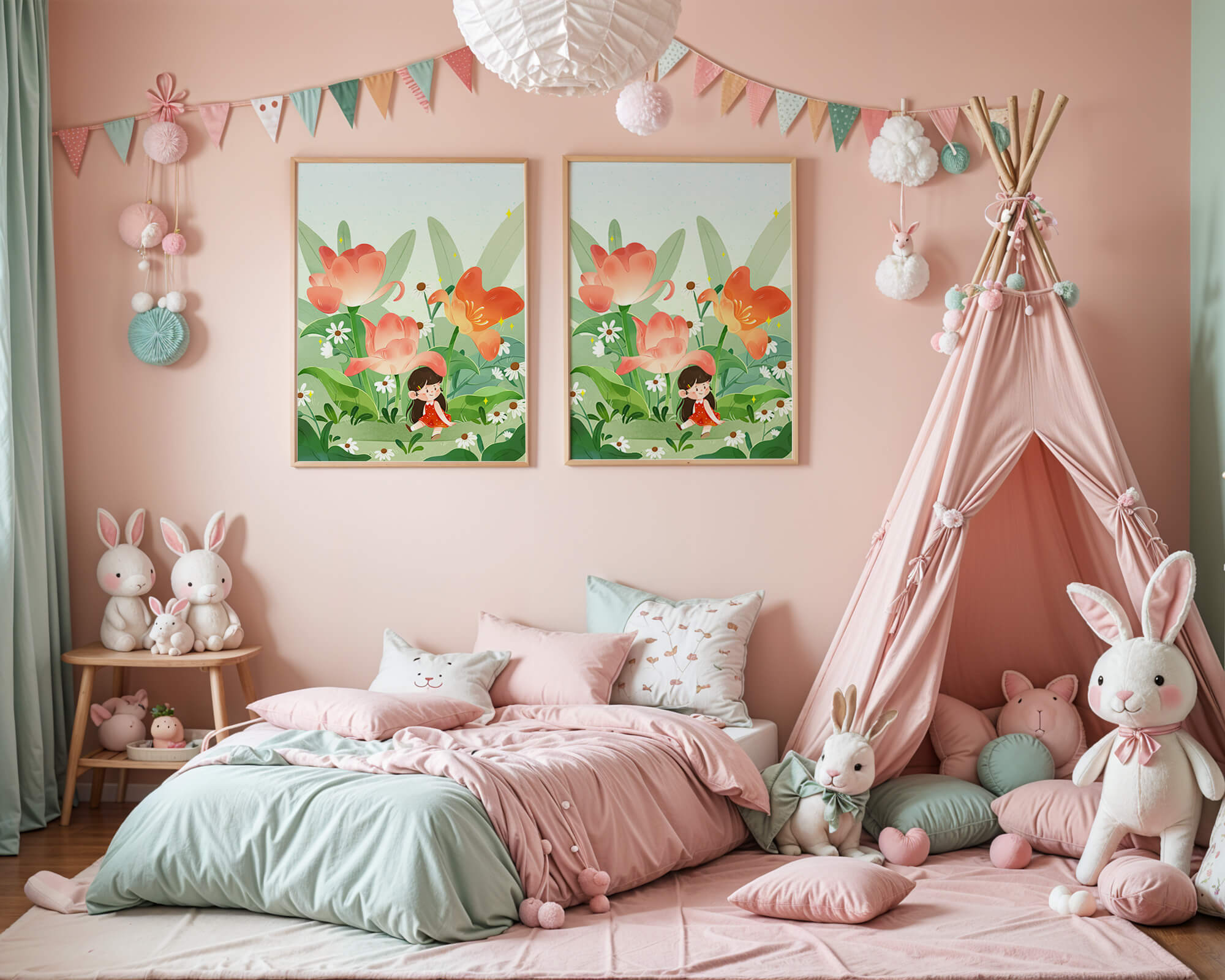 Charming floral garden with whimsical child illustration