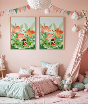 Encantador jardín floral con ilustración de niño caprichoso
