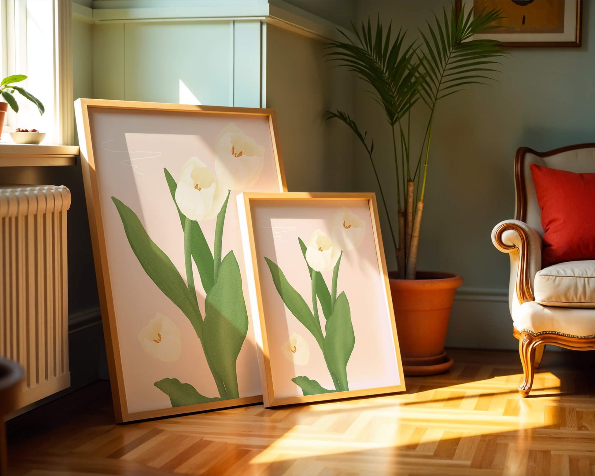 Elegant white tulips illustration on pastel background