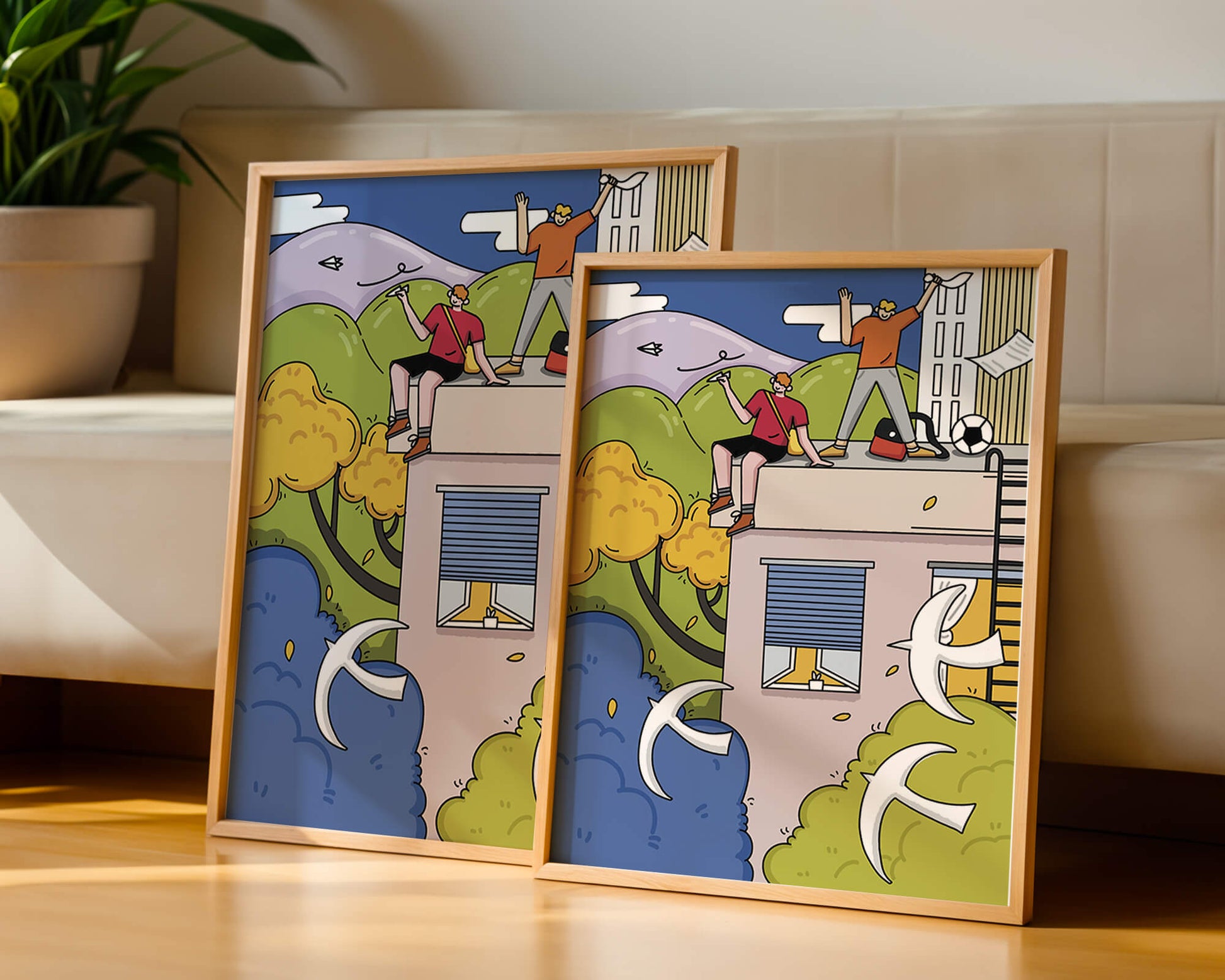 Youthful Adventure on Rooftop with Nature and Cityscape