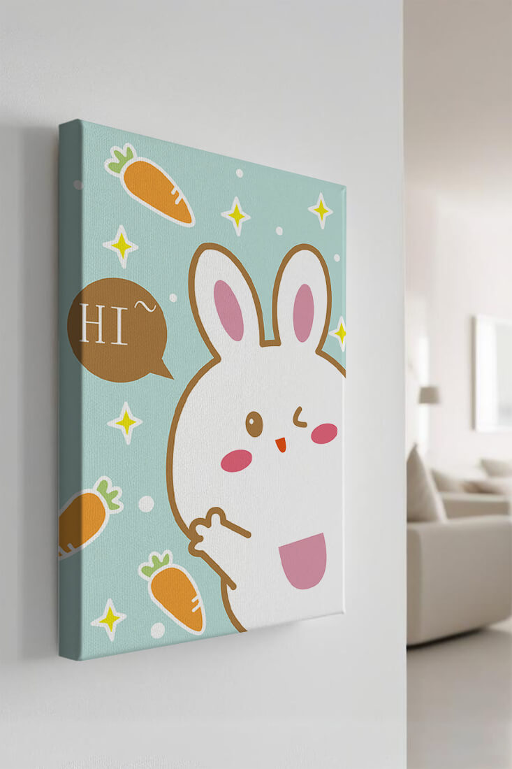 Playful cartoon bunny with carrots and stars on teal background