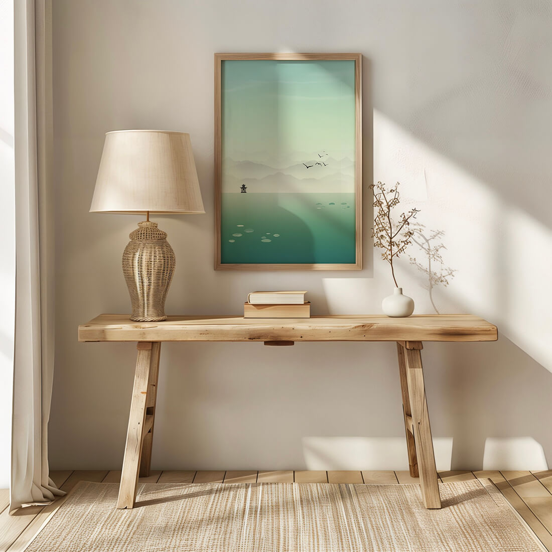 Serene landscape with pagoda and birds over a misty lake