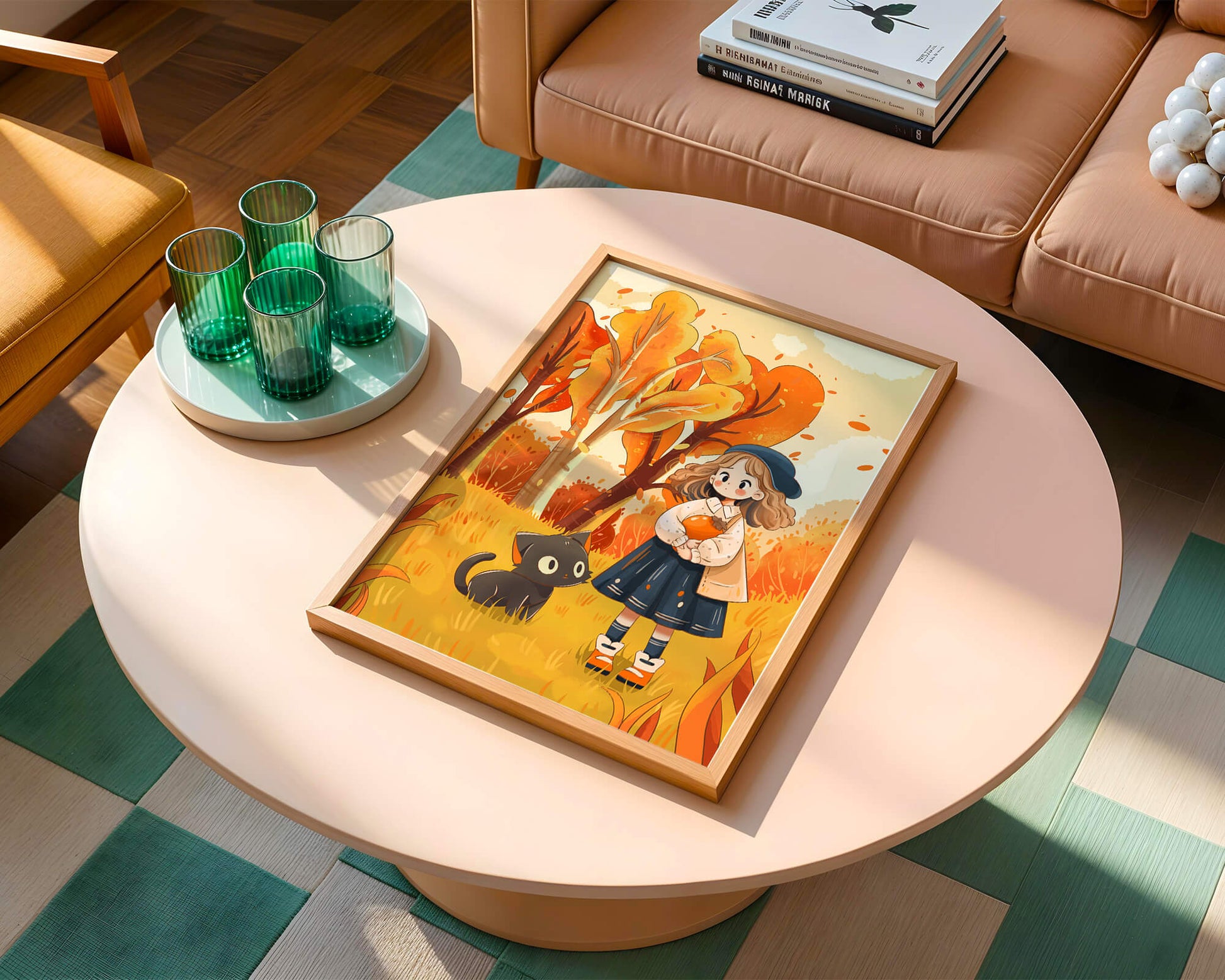 Girl with Cute Cat in Autumn Forest with Colorful Leaves