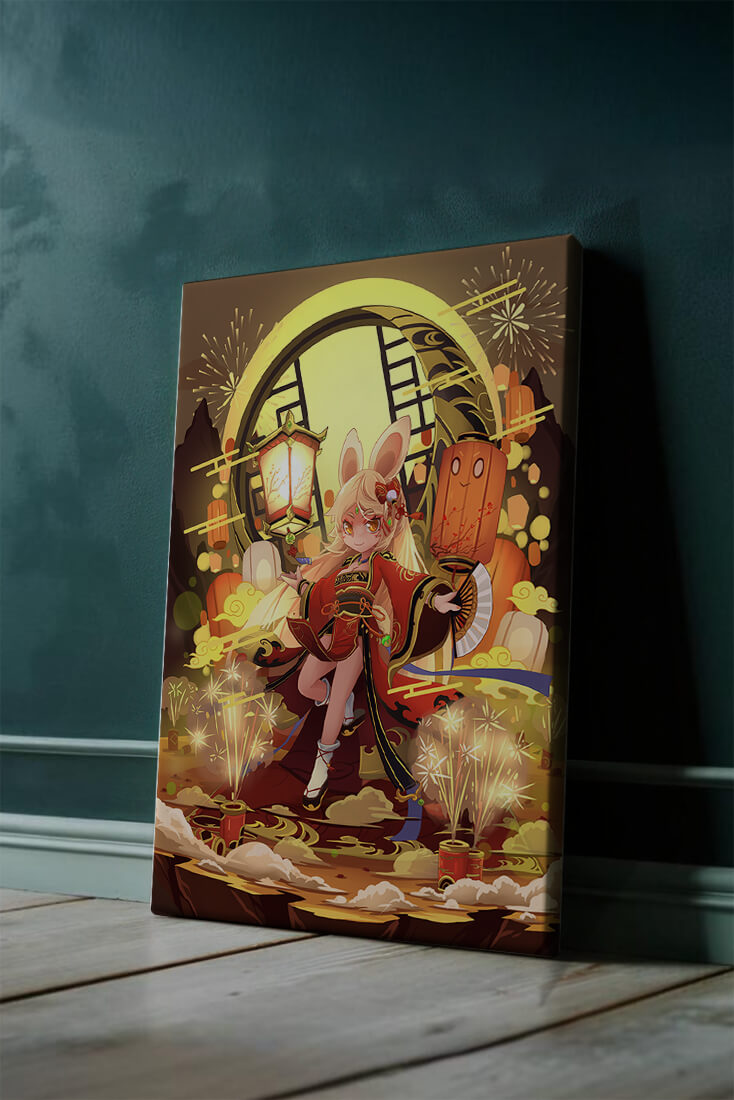 Festive celebration with a lantern-carrying character amidst fireworks and moonlight