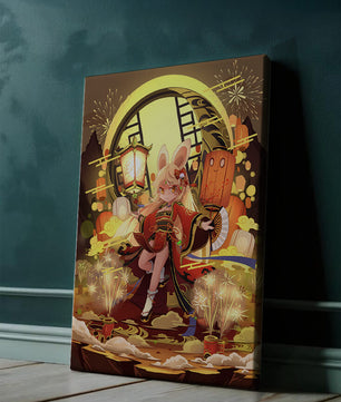 Festive celebration with a lantern-carrying character amidst fireworks and moonlight