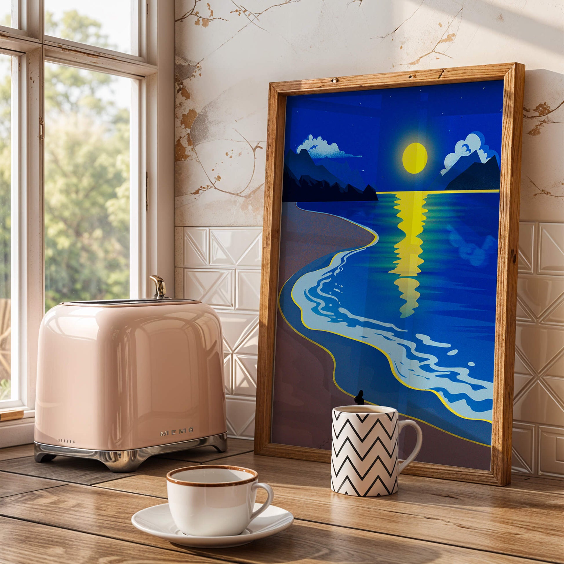Moonlit Beach with Mountains and Reflections Under Night Sky