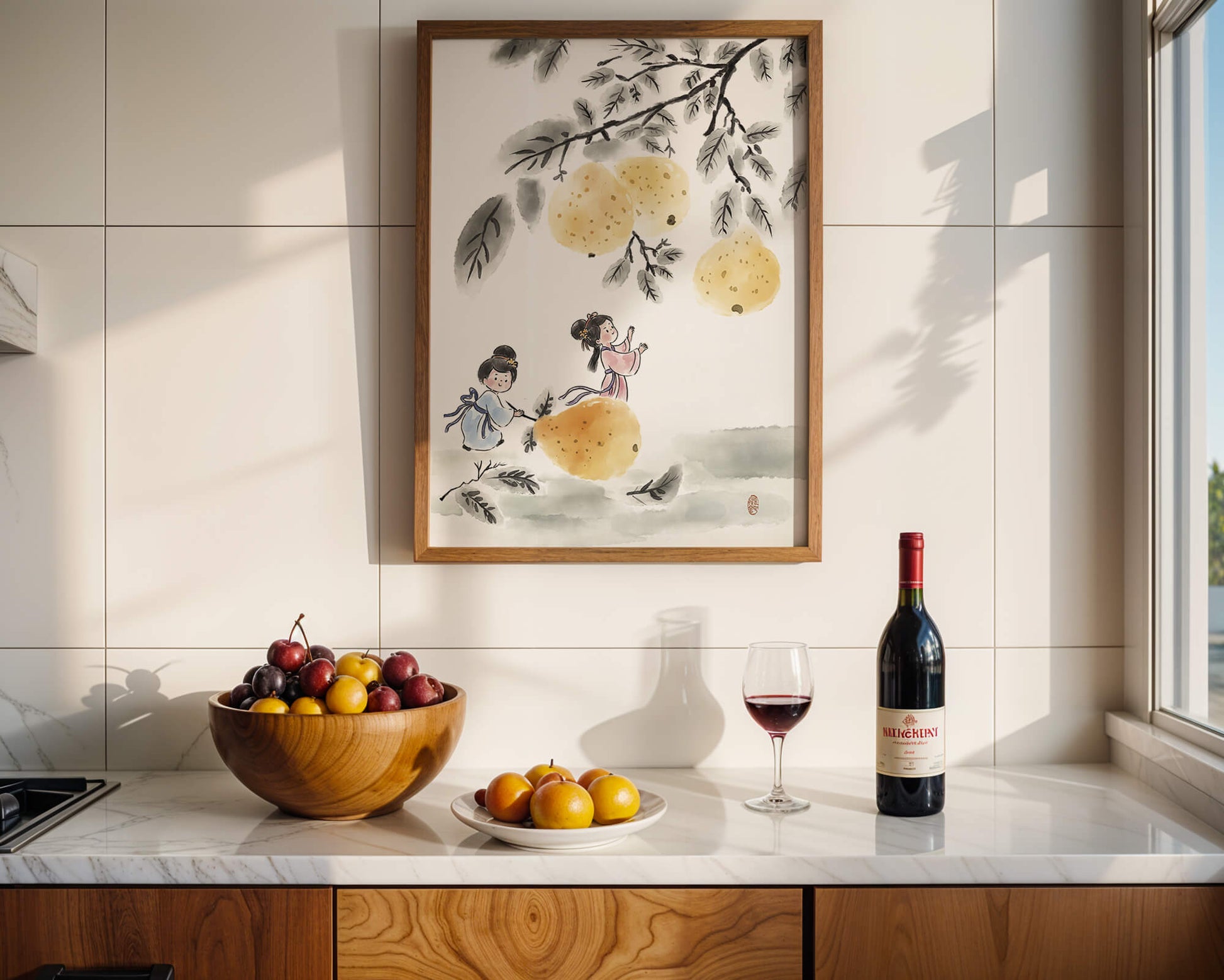 Ilustración encantadora de niños en vestimenta tradicional recolectando peras