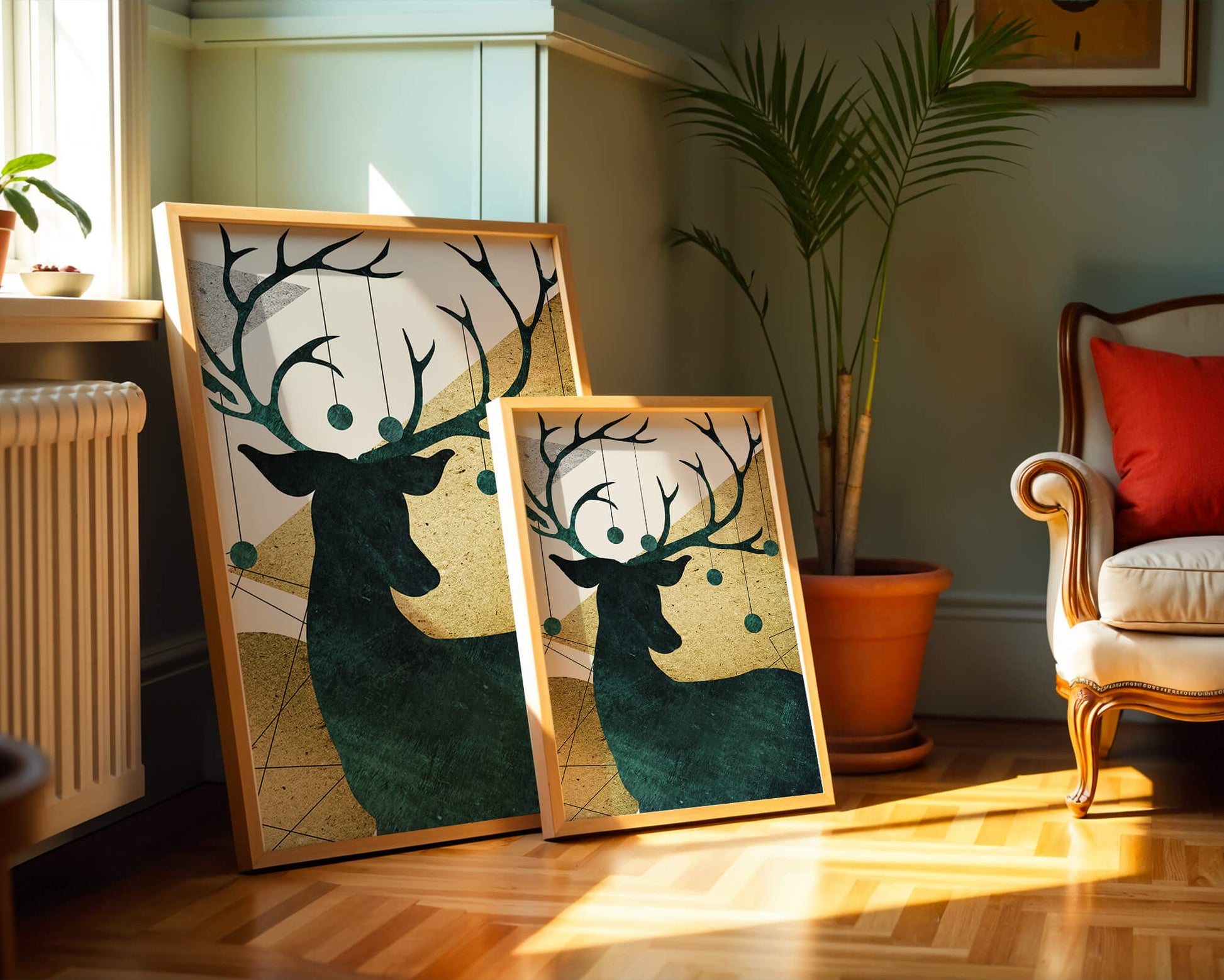 Silhouette of a Deer with Abstract Gold and Green Background