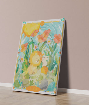 Charming watercolor illustration of lion and rabbit in a vibrant floral landscape