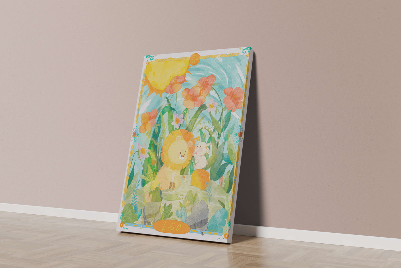 Charming watercolor illustration of lion and rabbit in a vibrant floral landscape
