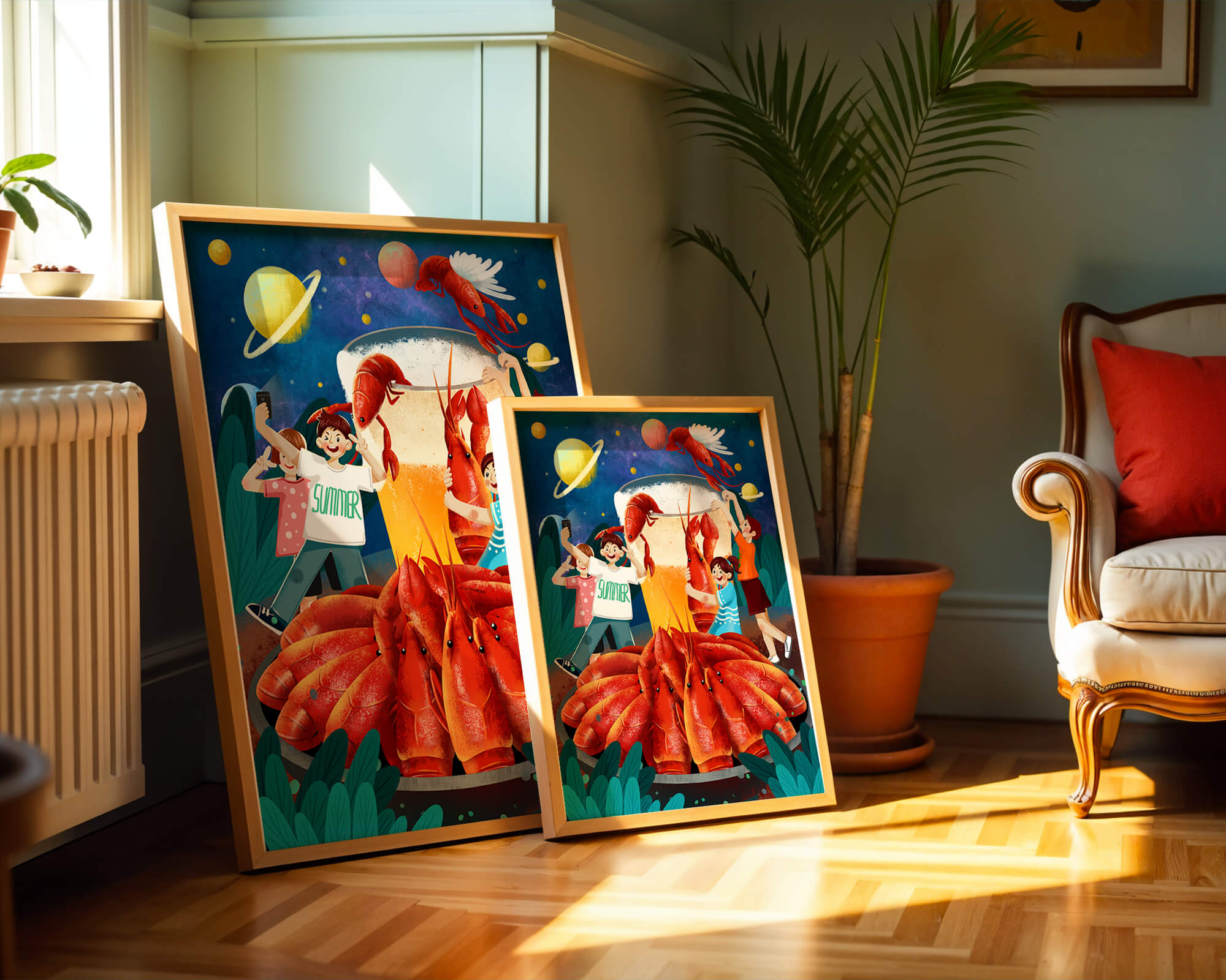 Fantasy illustration with cosmic lobsters and friends enjoying a summer feast