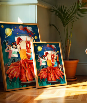 Ilustración de fantasía con langostas cósmicas y amigos disfrutando de un banquete de verano