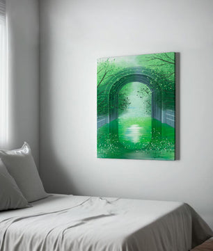 Un túnel de jardín verde sereno con agua reflectante