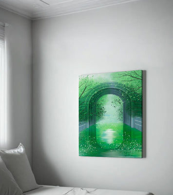 A serene green garden tunnel with reflective water