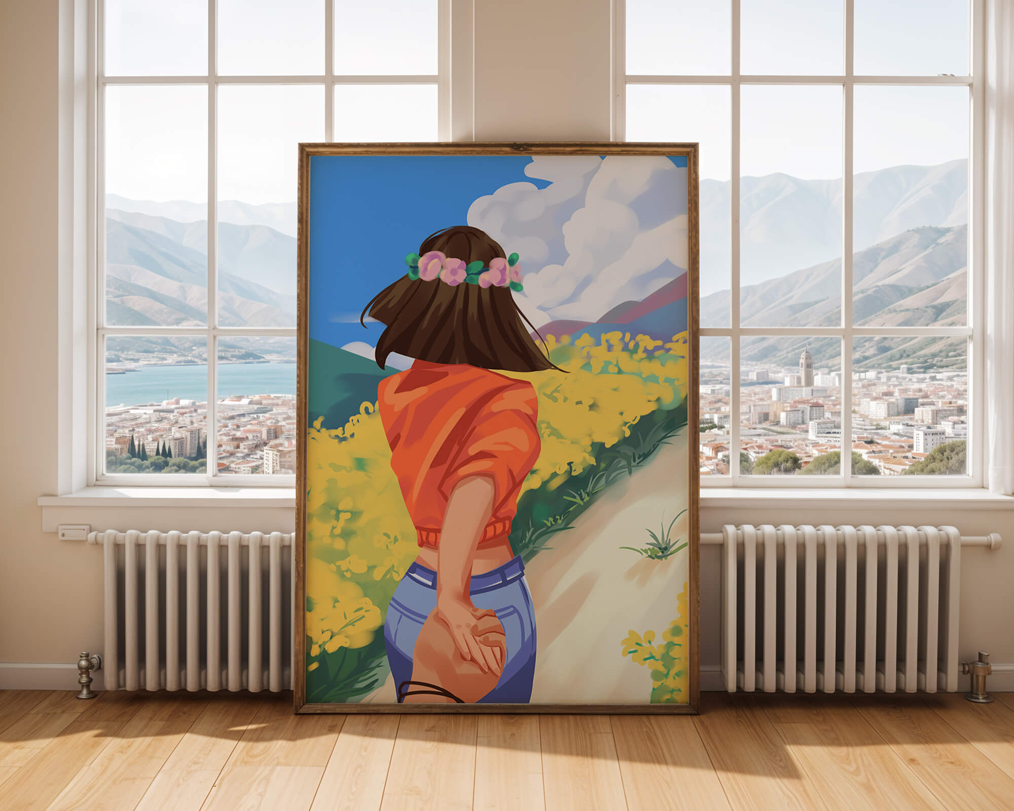 Woman in Nature with Floral Headband and Holding Hands on a Sunny Day