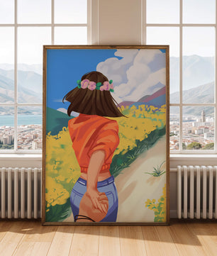 Woman in Nature with Floral Headband and Holding Hands on a Sunny Day