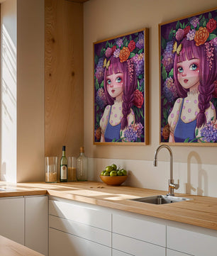 Illustration of a girl with floral crown surrounded by vibrant flowers