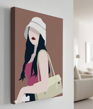 Ilustración elegante de una mujer con sombrero de cubo y ropa casual