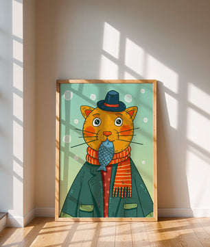 Gato caprichoso vestido con atuendo invernal colorido