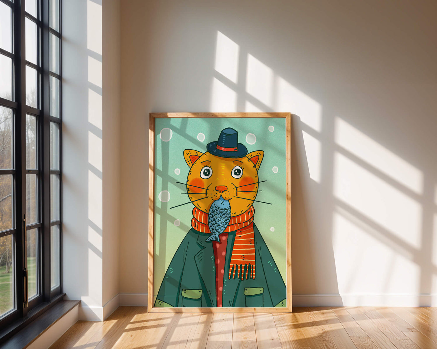 Whimsical cat dressed in colorful winter attire