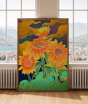 Vibrant sunflowers with intricate background patterns