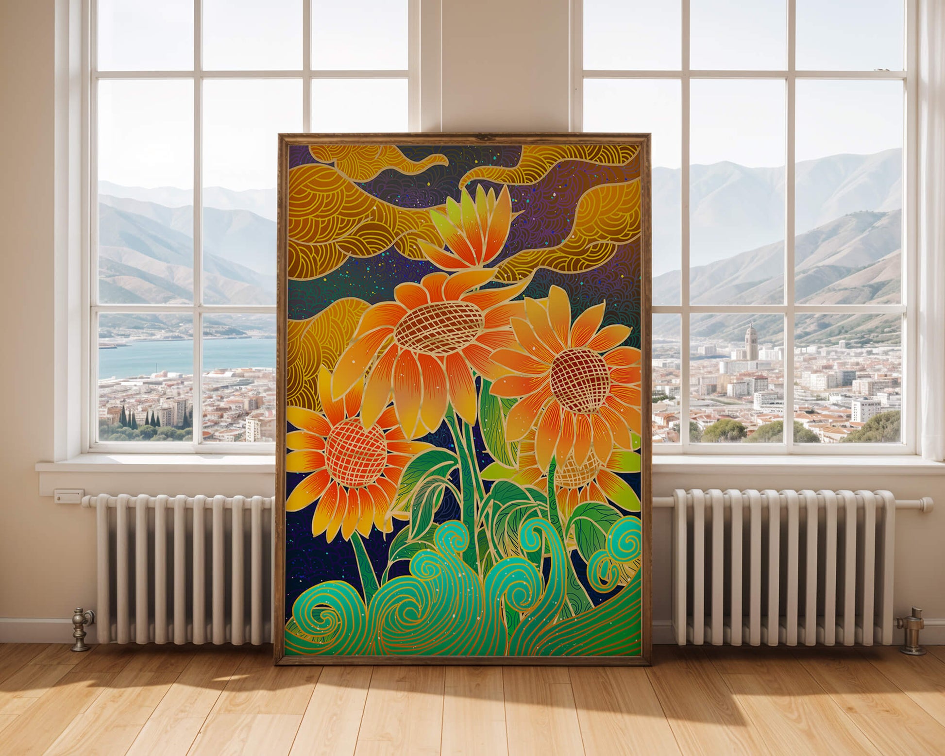 Vibrant sunflowers with intricate background patterns