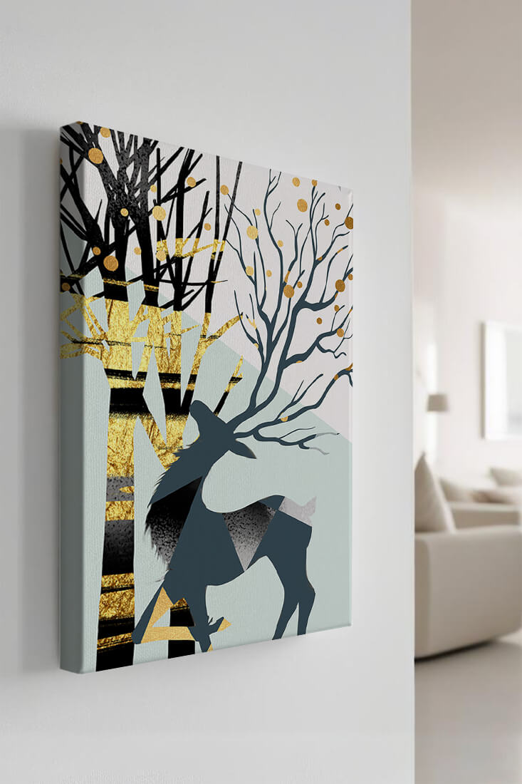 Abstract Deer Silhouette with Golden Accents and Trees