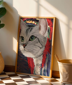 Illustrated cat portrait with colorful accents
