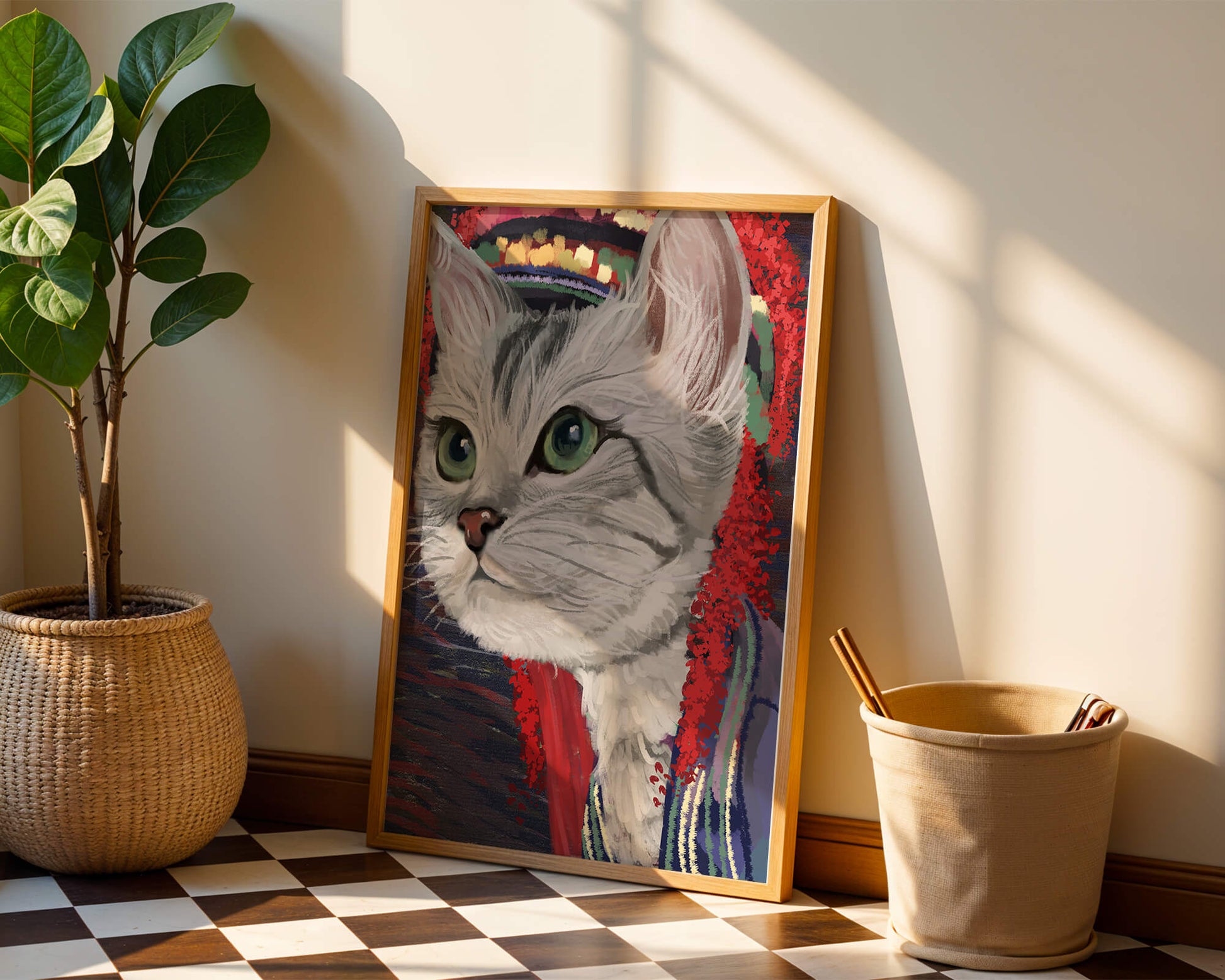 Illustrated cat portrait with colorful accents