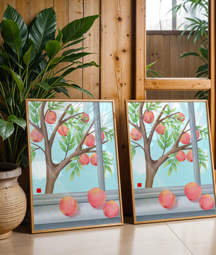 Peach tree outside a window with ripe peaches and sunny sky