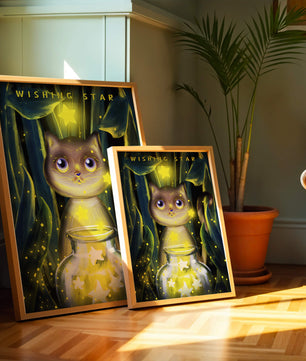 Cat under starry night in a magical forest setting