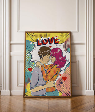 Ilustración de pop art romántico con pareja abrazándose y texto de amor