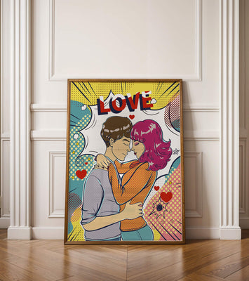 Romantic Pop Art Illustration with Embracing Couple and Love Text