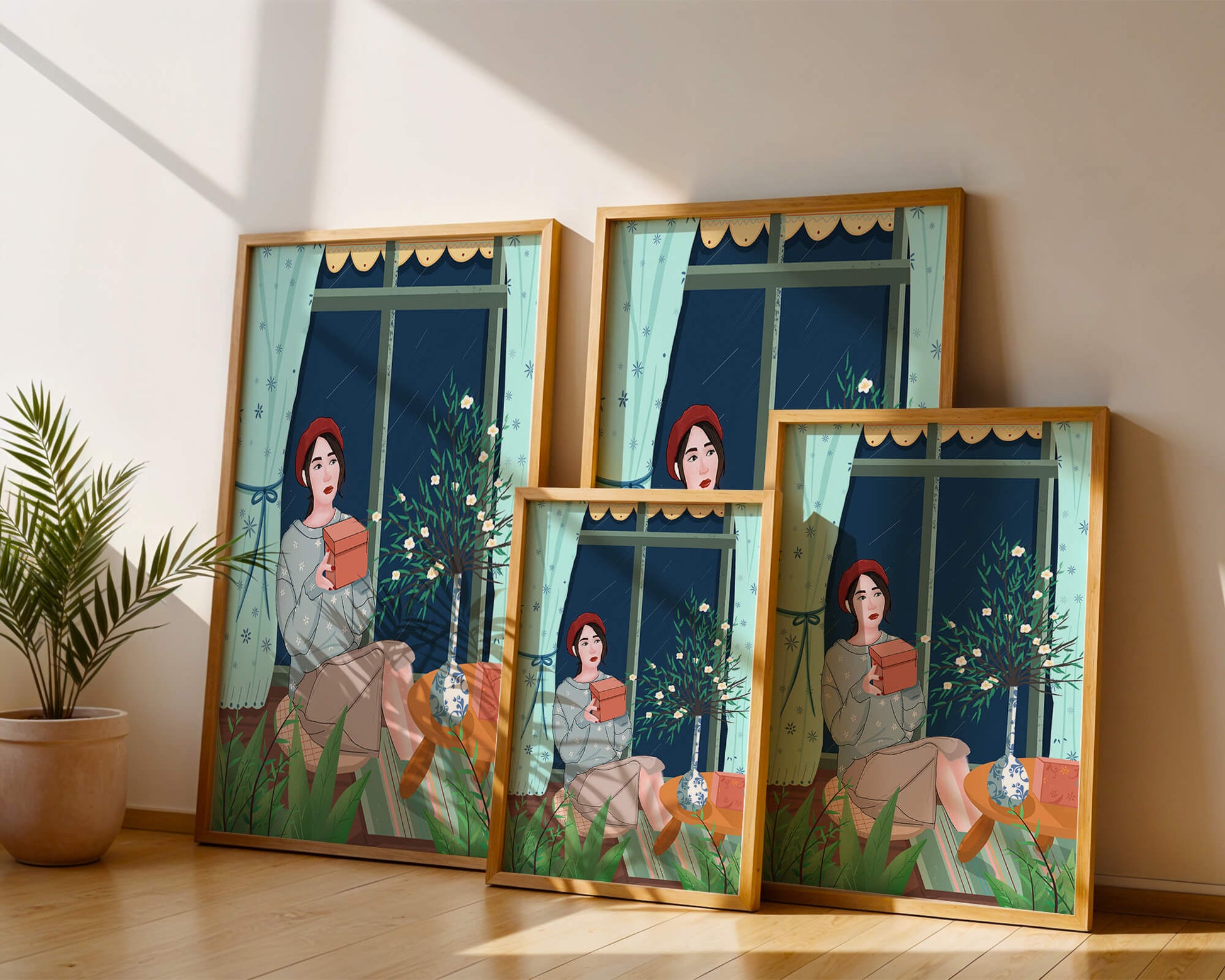 Mujer sosteniendo una caja de regalo en un interior acogedor con flores y ventana lluviosa