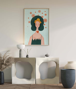 Whimsical Portrait of a Woman with Green Hair and Abstract Circles - Mi tienda