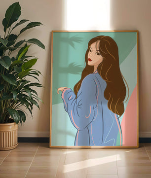 Illustration of woman with long hair and blue jacket