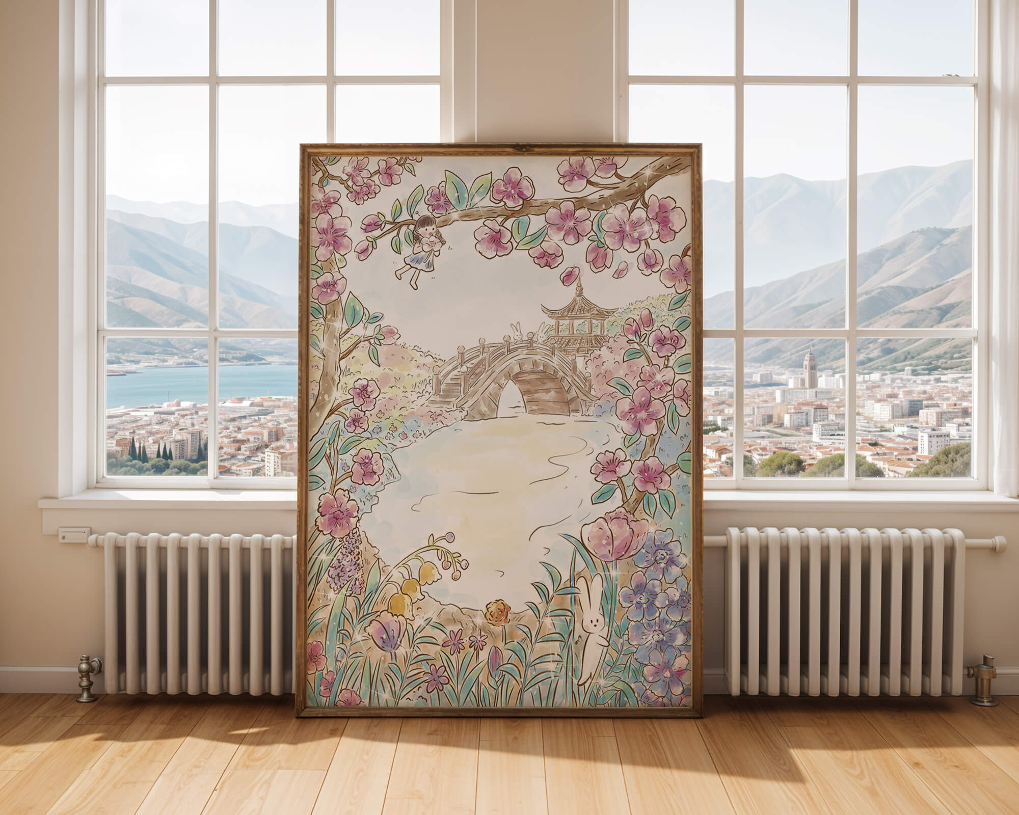 Serene Spring Landscape with Blossoming Cherry Trees and Bridge