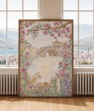 Serene Spring Landscape with Blossoming Cherry Trees and Bridge