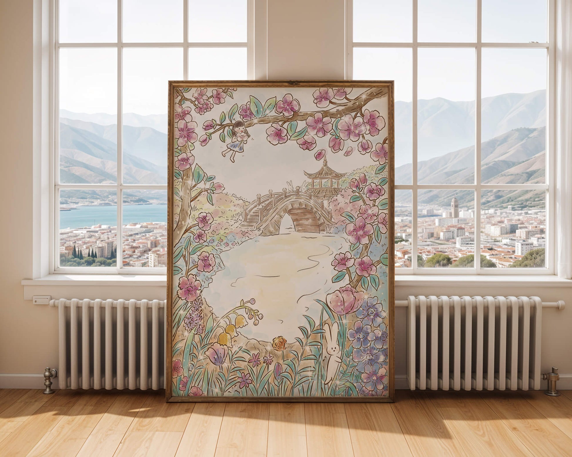 Serene Spring Landscape with Blossoming Cherry Trees and Bridge