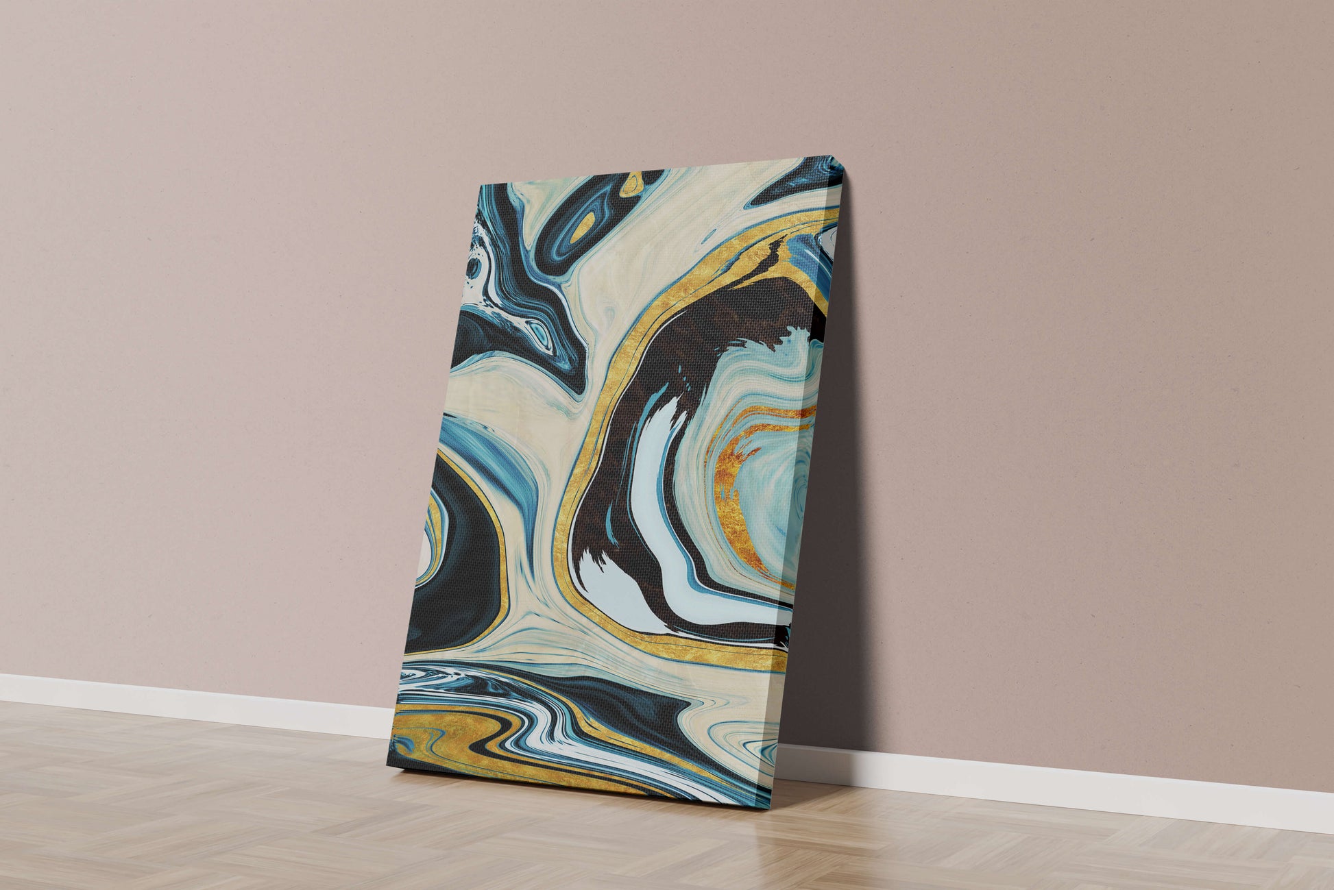 Abstract Marble Art with Gold Accents in Blue and Black Swirls