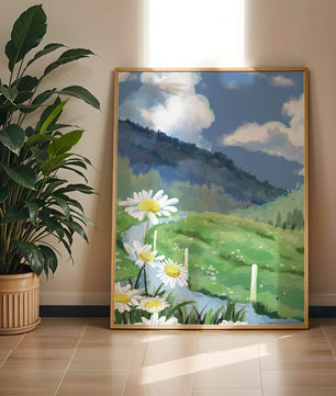 Meadow with Daisies Under Bright Blue Sky
