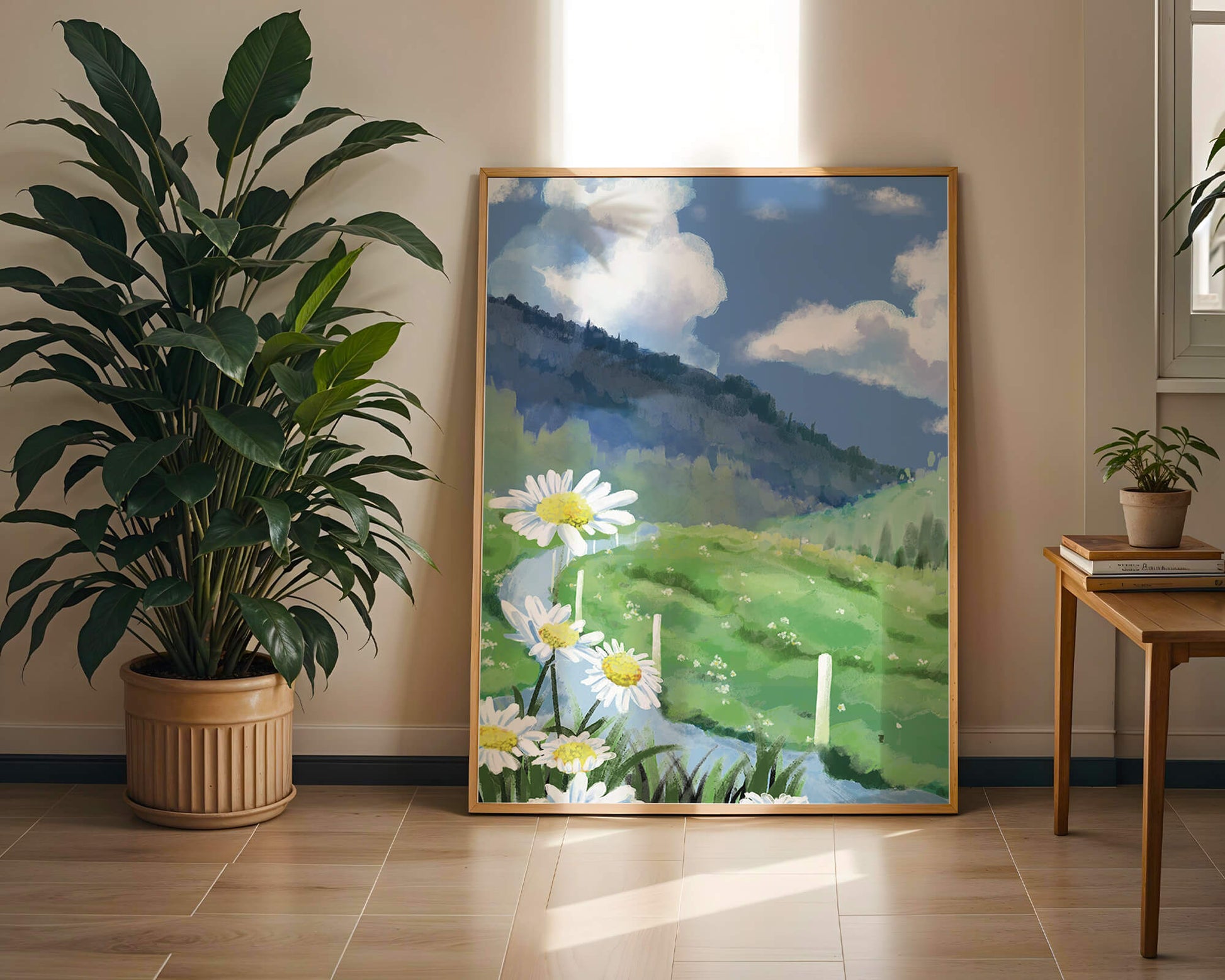 Meadow with Daisies Under Bright Blue Sky