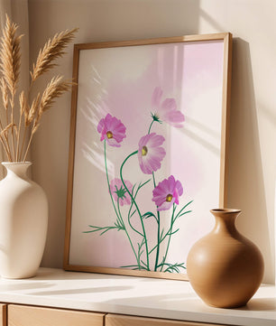 Delicadas flores de cosmos rosa sobre un fondo pastel suave