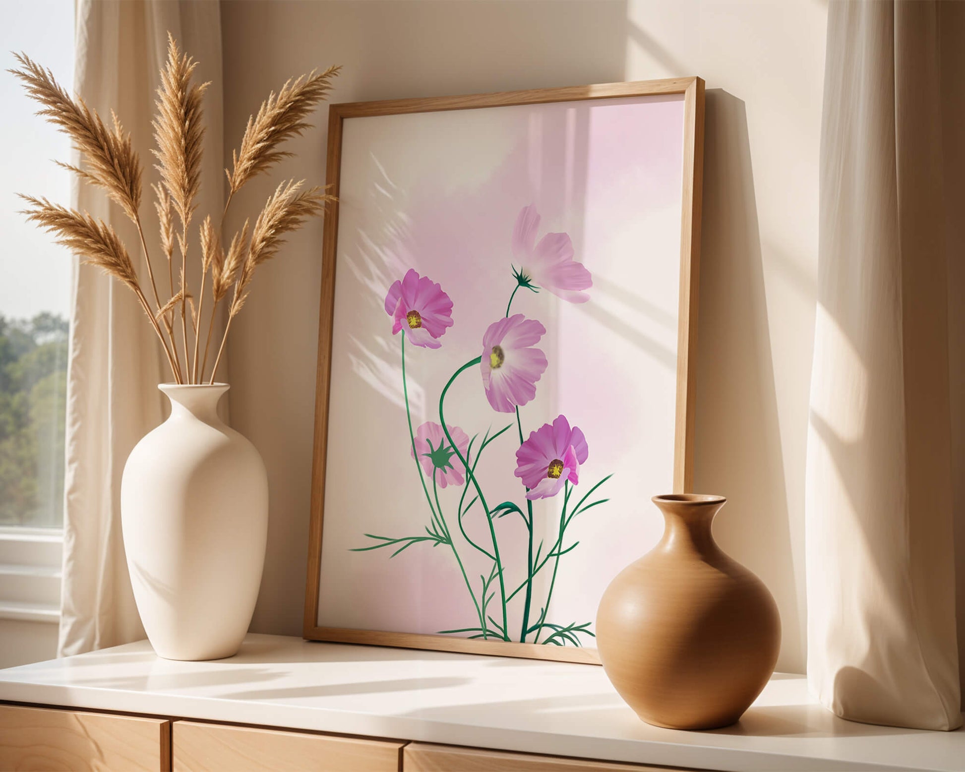 Delicate Pink Cosmos Flowers on Soft Pastel Background