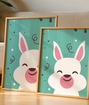 Adorable cartoon bunny on teal background with playful elements